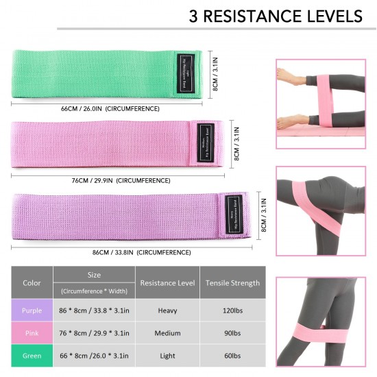 3pcs Fabric Resistance Glute Bands for Legs and Butt Hip Workout Exercise Bands with Spiky Massage Ball and Carry Bag Yoga Pilates Strength Training