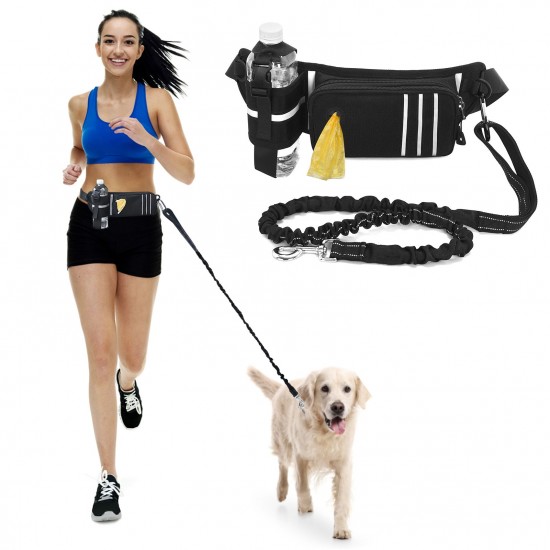 Hands Free Dog Leash Waist Bag Reflective Waist Pouch with Retractable Bungees Poop Bag Dispenser Pouch Adjustable Waist Belt for Training Walking Jogging and Running Your Pet