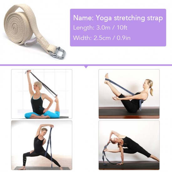 10ft Yoga Stretching Strap Cotton Exercise Strap Fitness Physical Therapy Strap with Metal Ring