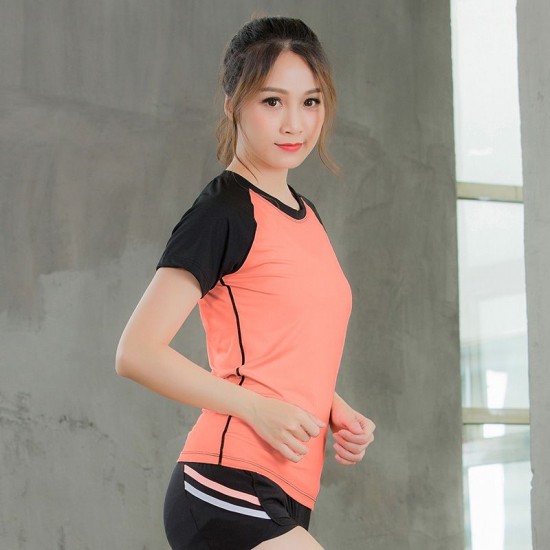 Women Workout T-shirt Raglan Short Sleeves Splicing O Neck Quick Dry Running Performance Exercise Gym Baselayer Sport Shirts Casual Tops