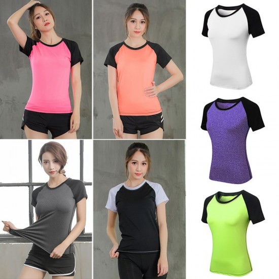 Women Workout T-shirt Raglan Short Sleeves Splicing O Neck Quick Dry Running Performance Exercise Gym Baselayer Sport Shirts Casual Tops