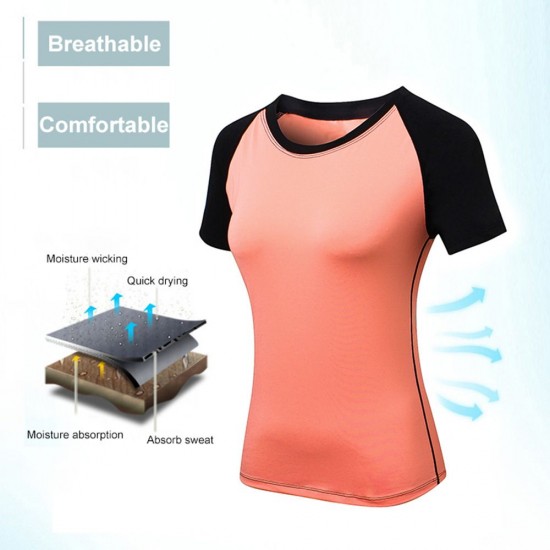 Women Workout T-shirt Raglan Short Sleeves Splicing O Neck Quick Dry Running Performance Exercise Gym Baselayer Sport Shirts Casual Tops