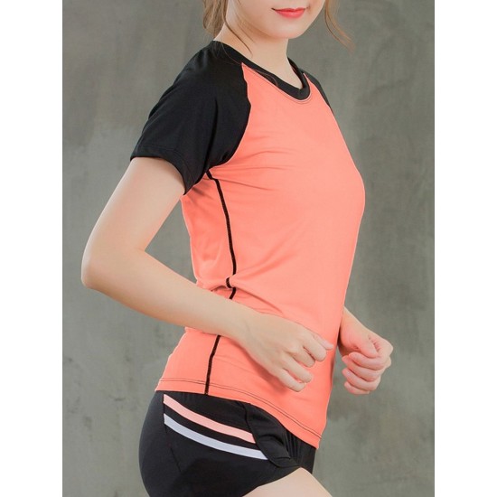 Women Workout T-shirt Raglan Short Sleeves Splicing O Neck Quick Dry Running Performance Exercise Gym Baselayer Sport Shirts Casual Tops