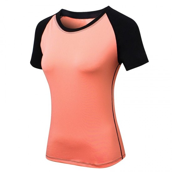 Women Workout T-shirt Raglan Short Sleeves Splicing O Neck Quick Dry Running Performance Exercise Gym Baselayer Sport Shirts Casual Tops