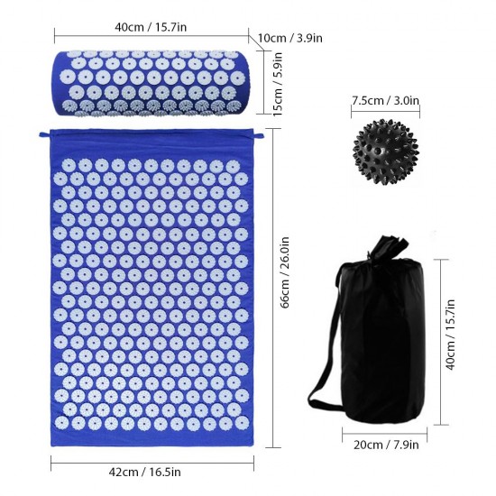 Acupressure Mat and Pillow Set with Spiky Massage Ball and Carry Bag for Back Neck Pain Stress Relief Muscle Relaxation