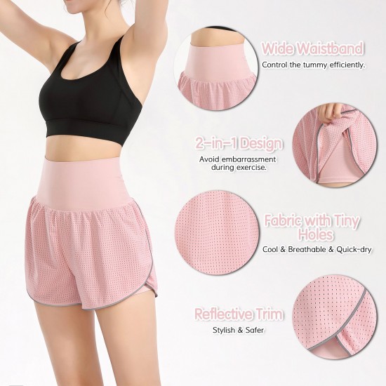 Women 2-in-1 Yoga Shorts High Waist Wide Waistband Breathable Fabric Running Dancing Fitness Sports Shorts