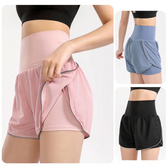 Women 2-in-1 Yoga Shorts High Waist Wide Waistband Breathable Fabric Running Dancing Fitness Sports Shorts