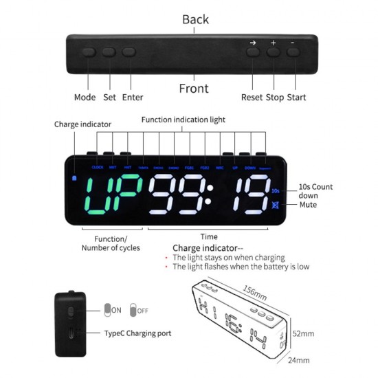 Wireless BT Control Gym Timer Rechargeable Stopwatch Countdown/up Clock for Home Gym Fitness Training Interval Timer Clock with Magnetic Backing